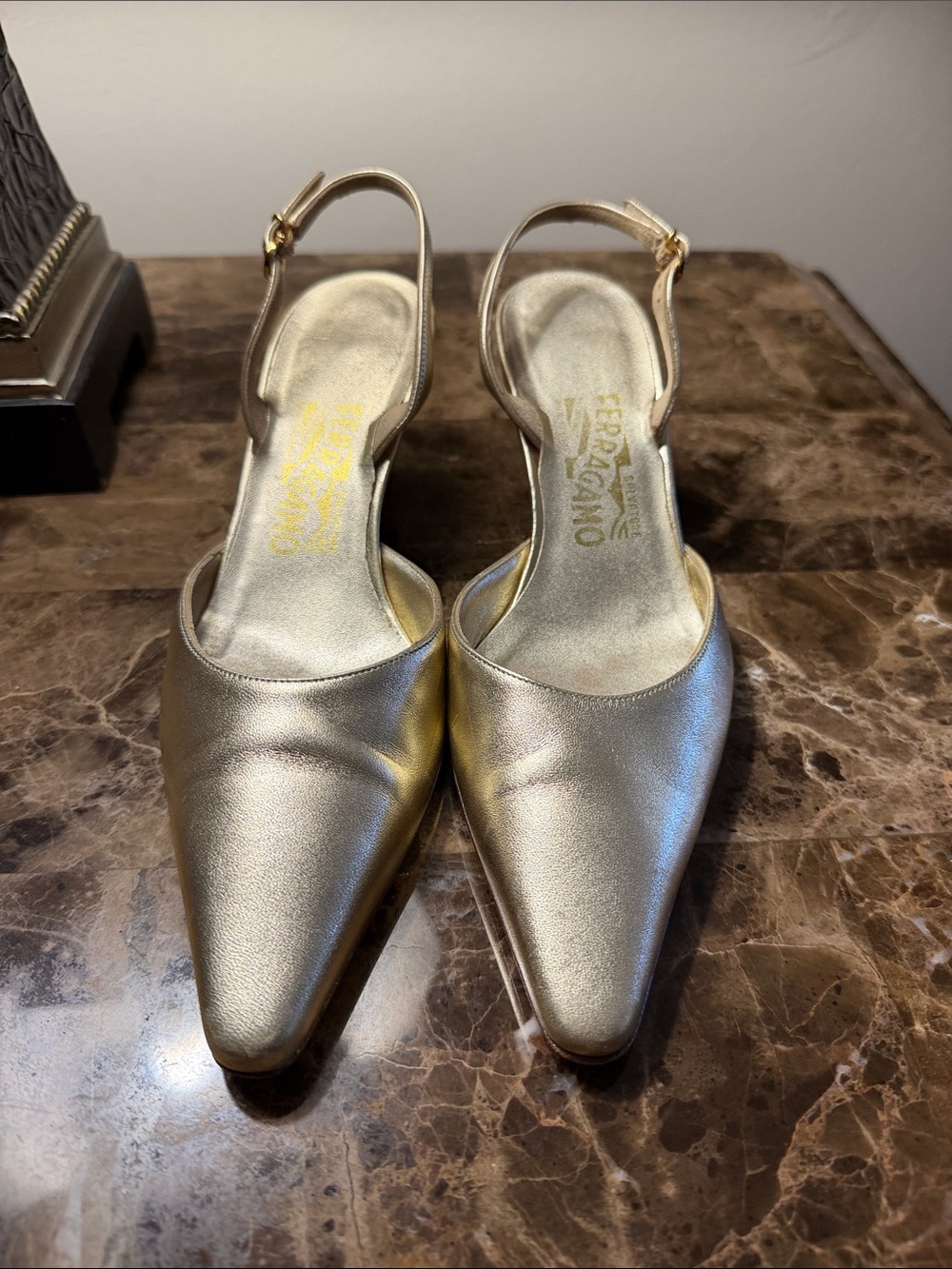 Salvatore Ferragamo Metallic Gold Pointed-Toe Slingback Heels - Picture 2 of 10